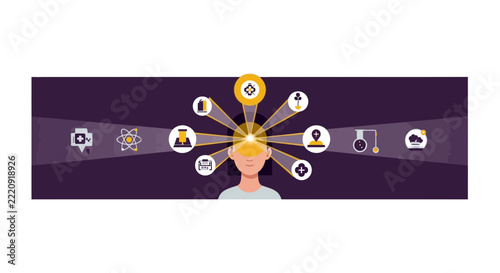 Professional Woman Mind Illustration with Scientific and Medical Icons Symbolizing Knowledge, Education, and Mental Clarity