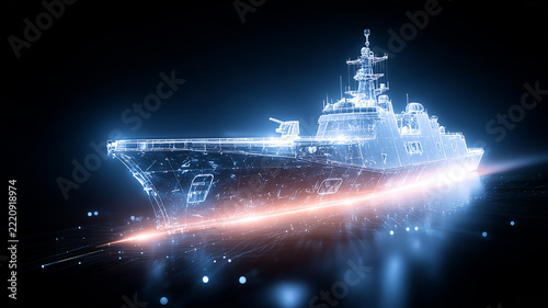 A digital naval vessel rendered with glowing wireframe lines represents smart maritime technology and advanced ship engineering.
