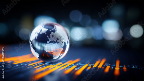 A digital globe resting on a financial chart represents global market analysis and international economic growth.
