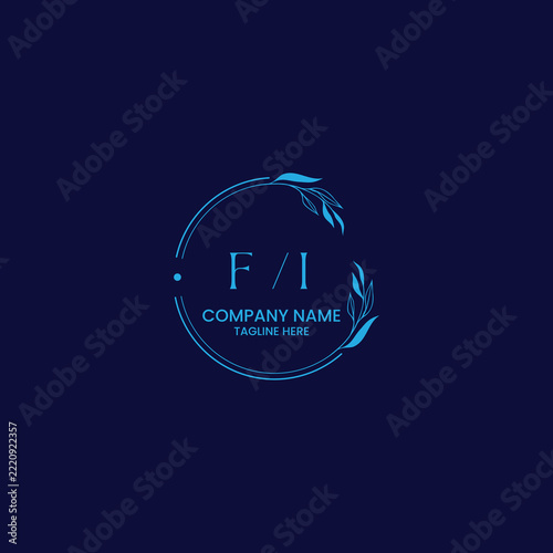 Letter FI Monogram Logo with Botanical Leaf Frame on Dark Blue Background