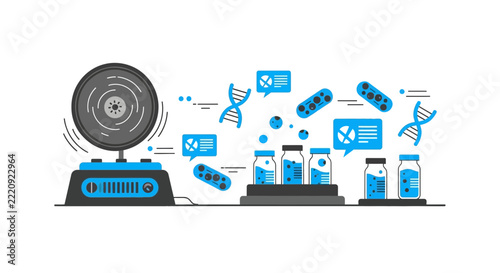 Modern Biotechnology Laboratory Illustration featuring Centrifuge, DNA Strands, and Test Tubes for Scientific Research