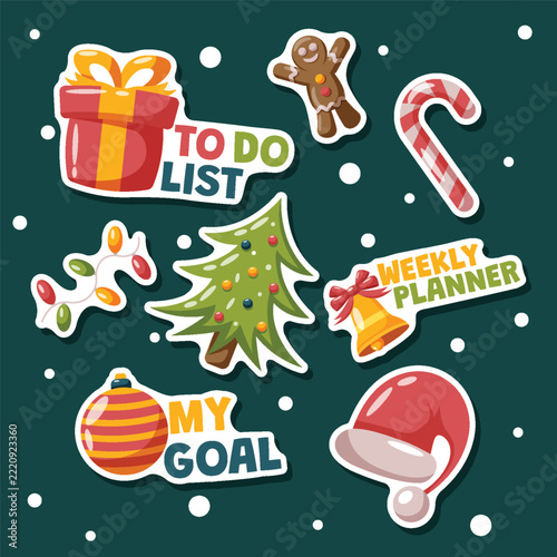 Christmas Sticker Set with Festive Holiday Icons and Planner Labels on Dark Green Background