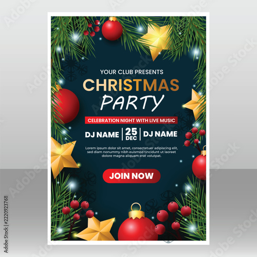 Christmas party flyer template with festive ornaments and golden stars on a dark background