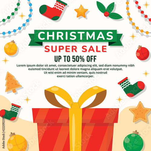 Christmas Super Sale Poster with Gift Box and Ornaments on White Background for Holiday Shopping