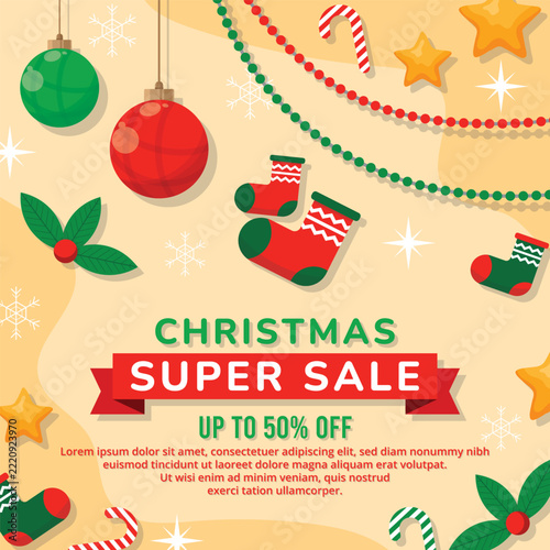 Christmas Super Sale Promotion Poster with Festive Ornaments and Holiday Decorations on Beige Background