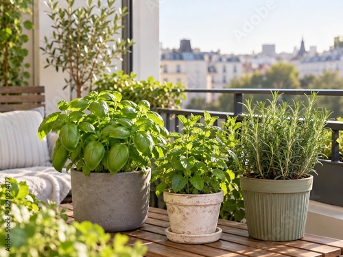 Fresh Potted Herbs Growing on Sunny Urban Balcony Garden