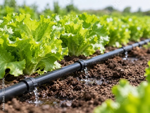 Drip Irrigation System Watering Fresh Green Lettuce in Vegetable Farm