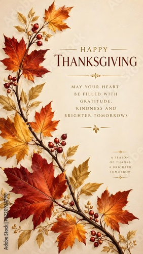 Elegant Curved Autumn Maple Tree Branch with Red Leaves and Red Berries for Happy Thanksgiving Greeting Card Background