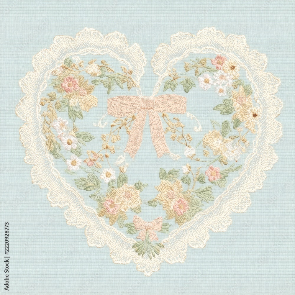 Fototapeta premium Intricate lace heart with floral embroidery and a pink bow on blue fabric.