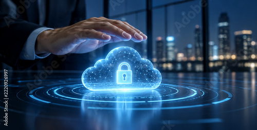 Hand Above a Glowing Cloud with a Security Lock