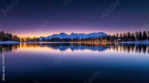 A serene lake reflects majestic mountains at dusk, illuminated by warm orange hues