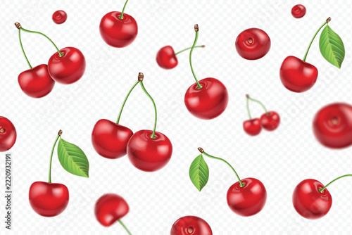 Flying realistic red cherry background. Fresh falling cherries with stem and leaves isolated Vector Illustration