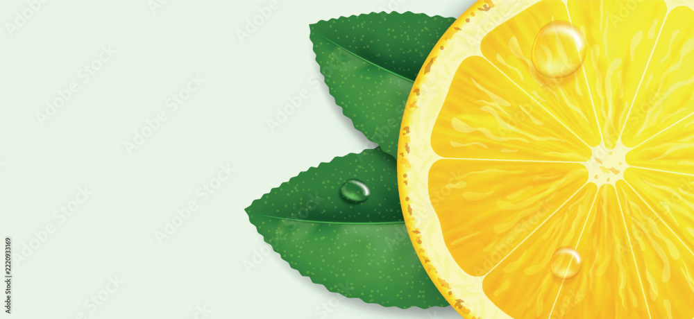 Fototapeta premium Realistic lemon fruit with green leaves and juice drop on light background. Fresh lemon slice banner