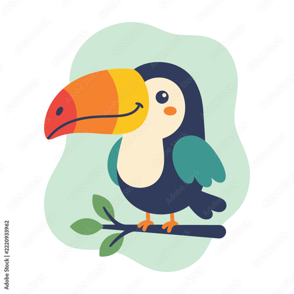 Fototapeta premium Cute cartoon toucan bird perched on a branch vector illustration for children design