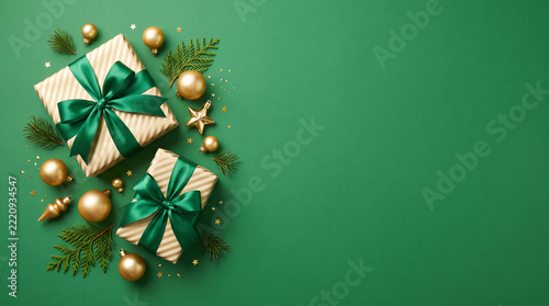 Elegant christmas gifts and golden ornaments on a dark green festive background