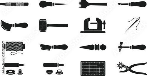 Leather crafting tool icon set featuring black vector illustrations of awls, punches, skivers, mallets, stitching needles, thread spools, edge bevelers, and hardware isolated on a white back
