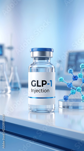 Medical vial labeled GLP one injection on laboratory glass surface