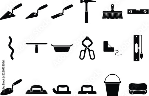 Masonry icon set featuring black vector illustrations of trowels, hammers, brushes, spirit levels, mixers, trowel blades, buckets, and construction tools isolated on a white background