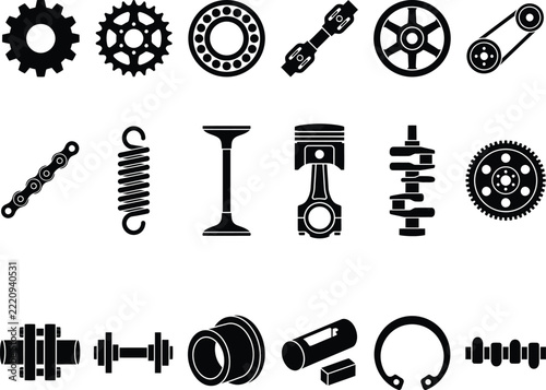 Mechanical parts icon set featuring black silhouettes of gears, bearings, chains, pistons, crankshafts, springs, pulleys, and industrial hardware components isolated on a white background