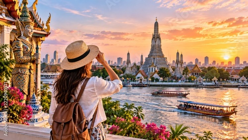 Woman Enjoying a Sunset View of Wat Arun and the River in Bangkok Near Boats