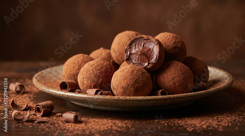 Decadent chocolate truffles dusted in fine cocoa sit arranged on rustic saucer. Bitten confection showcases creamy center, surrounded by delicate dark curls for elegant dessert presentation.
