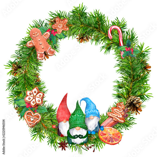 Full Christmas wreath assembled with evergreen branches, gnomes, gingerbread cookies, candy cane, berries, and dried citrus on black, creating a detailed festive border for seasonal designs.