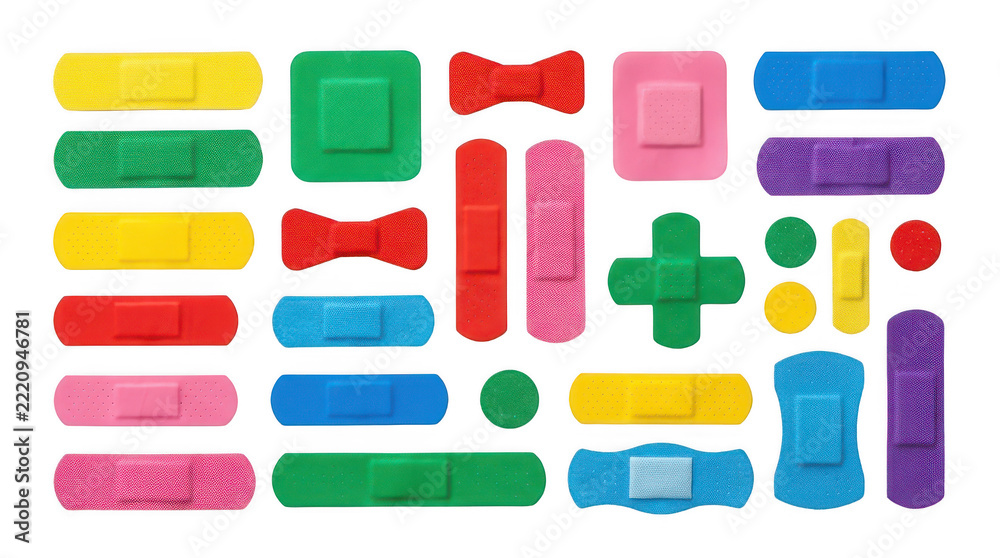 Fototapeta premium Various colorful adhesive bandages isolated on transparent background