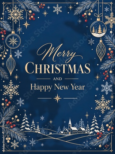 Merry Christmas and Happy New Year Card With Holiday Decorations