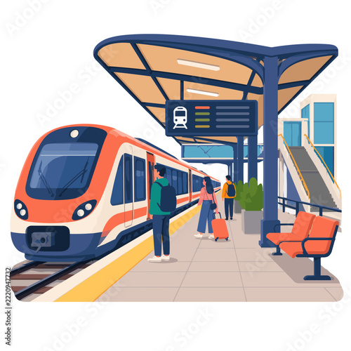 Commuter train and travelers at a modern station platform