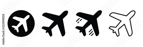 Travel icon set. Airplane aircraft symbols. Modern minimal pictograms for airline booking, vacation trip, global transit, tourism, and app design.   