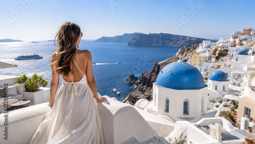 Woman Looks at the Sea and the White Buildings in Santorini During a Sunny Day