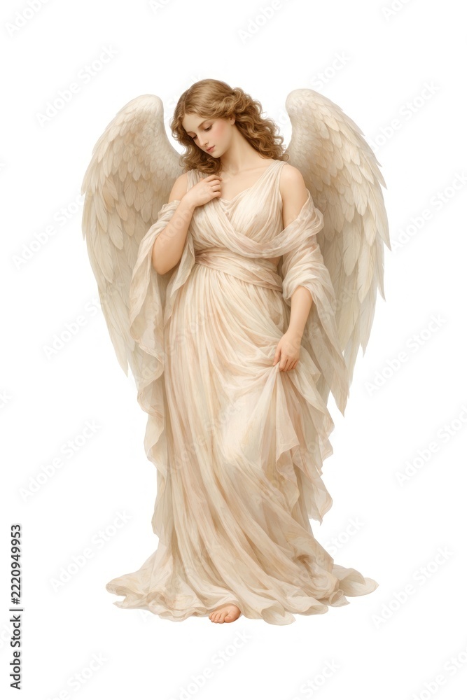 Fototapeta premium Ethereal angel with flowing gown and wings, standing gracefully.