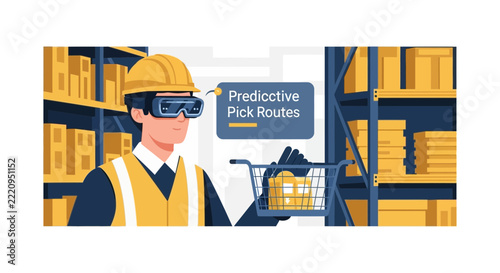 Warehouse Worker Using AR Smart Glasses for Predictive Pick Routes and Logistics Optimization Illustration