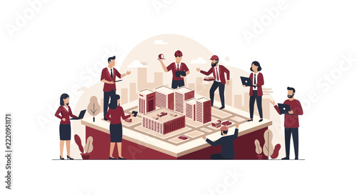 Urban planning and real estate development team collaborating on a miniature city architectural model