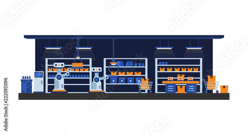 Automated warehouse illustration featuring robotic arms sorting boxes for smart logistics.