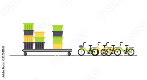 Urban logistics vector with delivery bicycles and cargo trolley