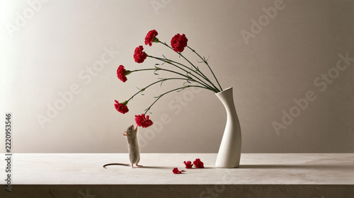 under the flowers is a small mouse on it's hind legs reaching for a flower petal 