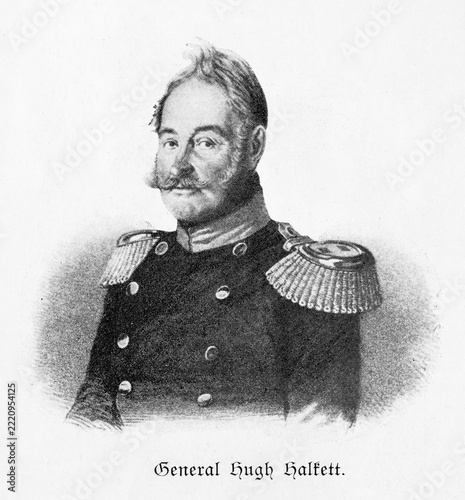 British Hanoverian General Hugh Halkett in uniform with epaulettes in a dignified pose, black and white portrait, print with visible halftone dots, historical illustration from 'Zur Erinnerung an die Königlich Hannoversche Armee und ihre Stammtruppen', commemorative sheet for the celebration of 19 December 1903, Meisenbach, Riffarth & Co, Great Britain, Germany