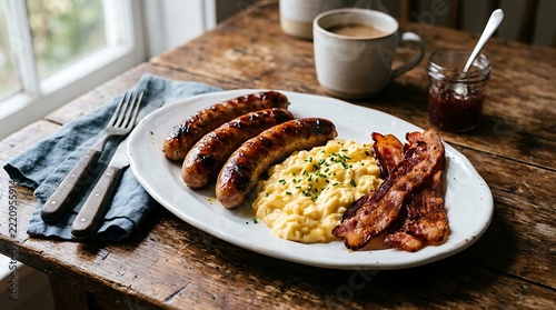 Homestyle Breakfast Plate With Sausages Bacon Eggs