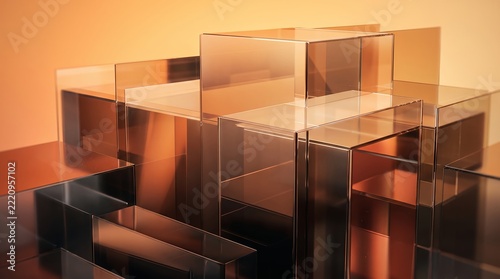 Abstract composition of transparent glass blocks arranged in a modern geometric