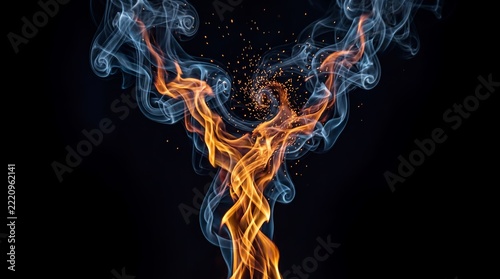 Abstract Fire and Smoke Swirl on Black Background
