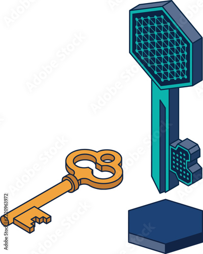 Antique metal key and digital hexagon key isometric contrast set