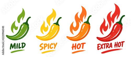 Chili Pepper Spice Level Icon Set, Mild Spicy Hot Extra Hot Labels, Red Chili with Fire Flames, Food Packaging Badges, Hand Drawn Vector Illustration