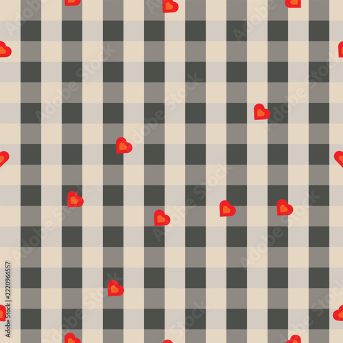 Romantic gingham plaid seamless pattern background decorated with cute red hearts for Valentine day wrapping paper