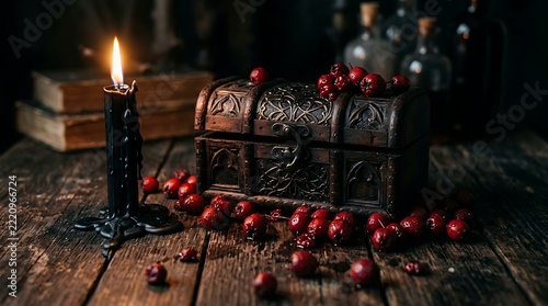 Mysterious Old Treasure Chest With Candles And Berries