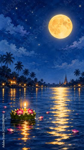 Golden Moon over a Thai Canal at Loy Krathong