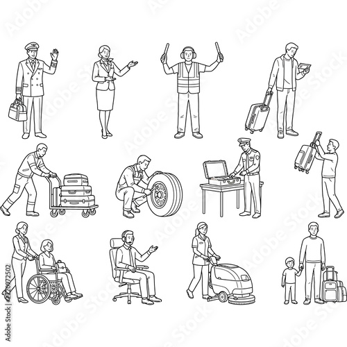 Airport and travel professionals in a simple line drawing style with white background