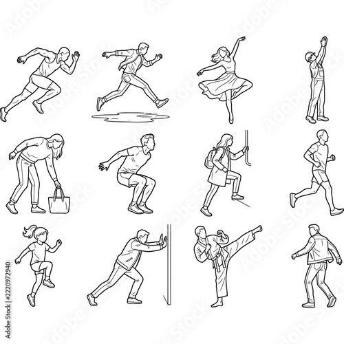 Diverse people in motion line art with varied activities against a white background