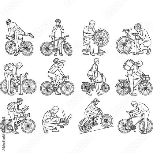 Diverse cycling activities and maintenance depicted in a clean line art illustration