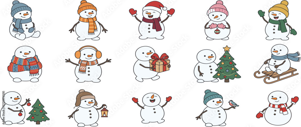 Fototapeta premium Cute Christmas Snowman Characters Collection with Winter Activities and Festive Accessories